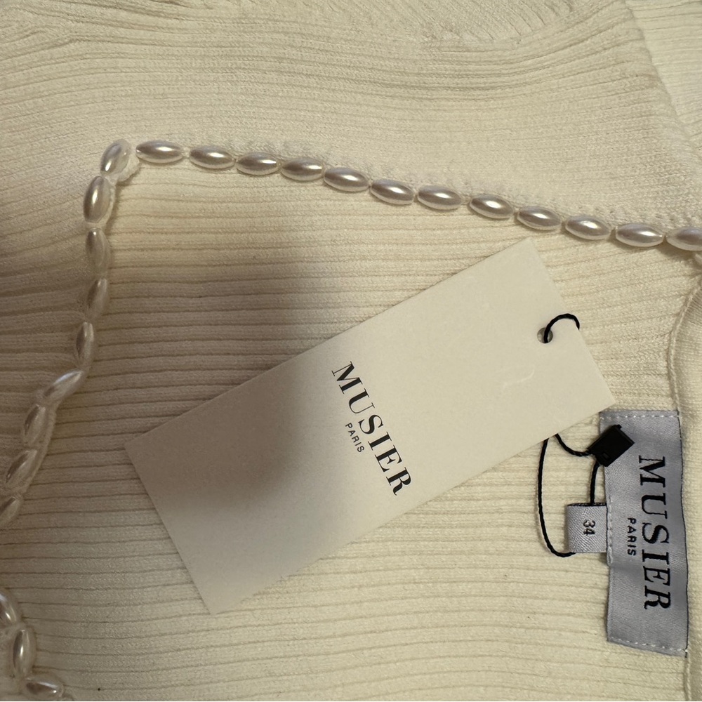 MUSIER Paris Pearl-Trim White Ribbed Top, XS - Picture 3 of 3